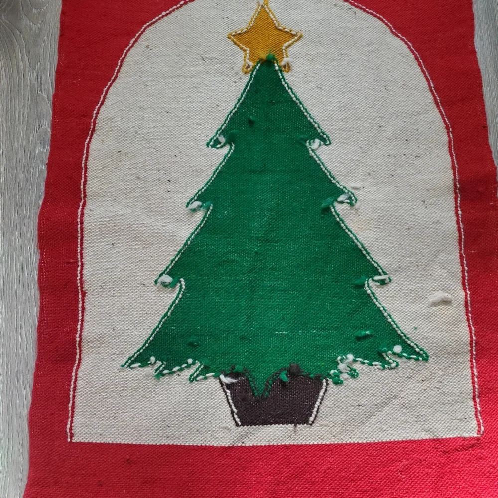 Vintage Fringe Christmas Tree Rug Wool Rectangular Simplistic Rugged Nice As Is